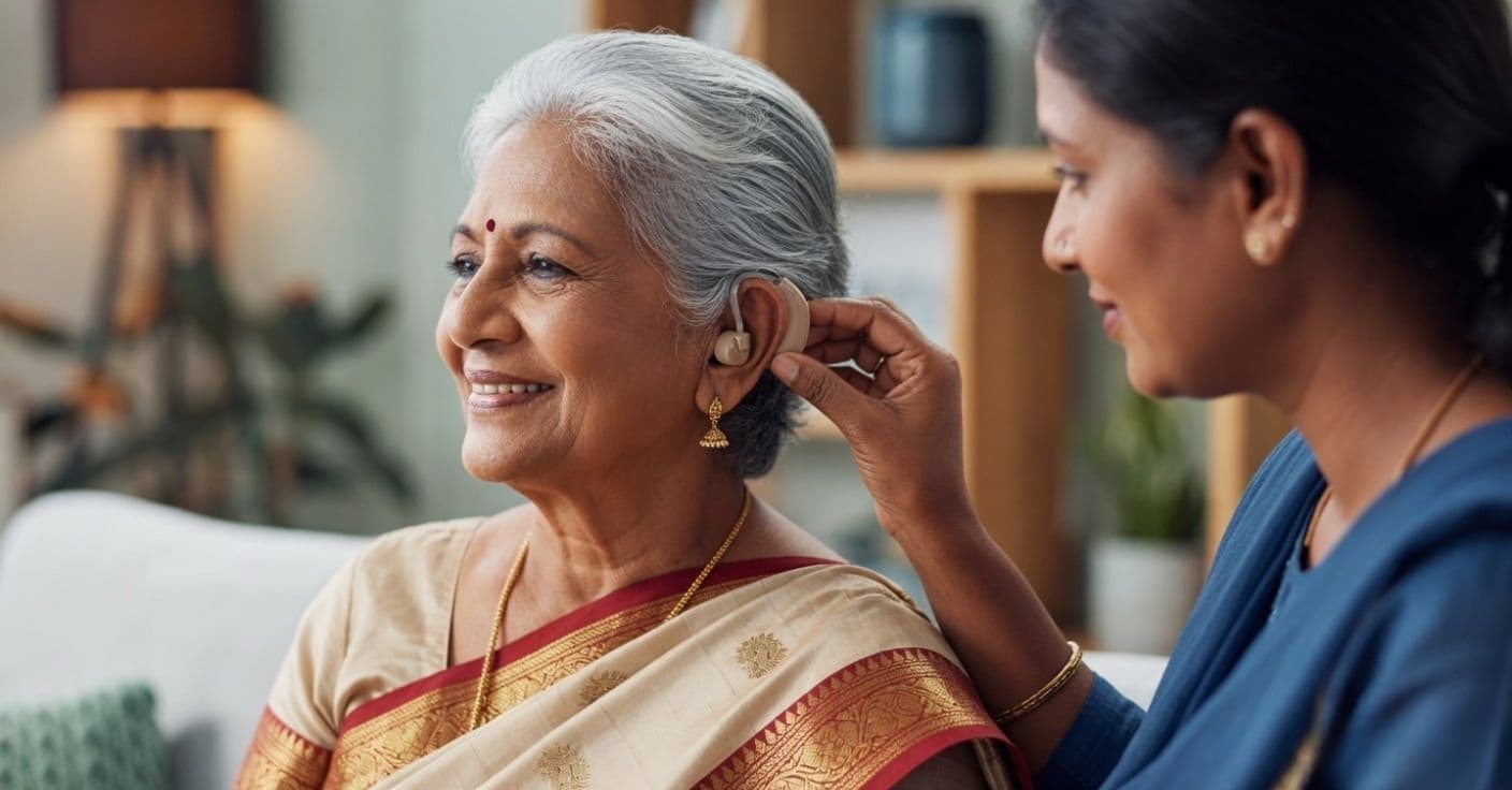 Audiologist conducting a home visit hearing test